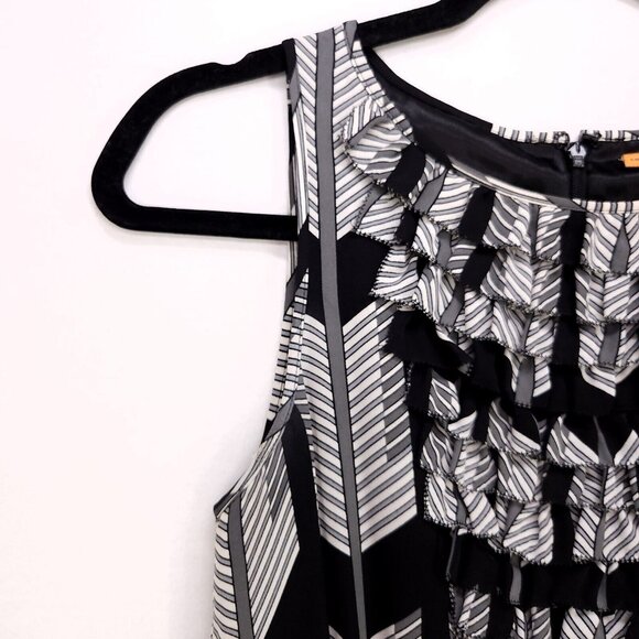 Tory Burch 100% Silk Dress Sleeveless A-Line Ruffle Top Size 2 Chevron Gray - Picture 6 of 13